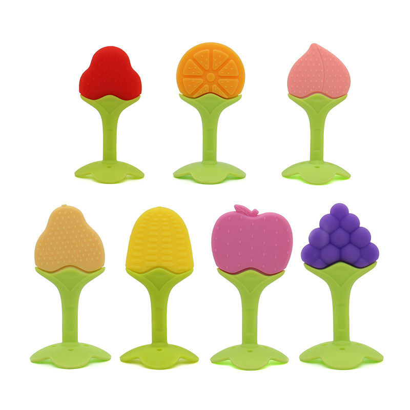 XFM Hot Sale Natural Silicone Non Drop Fruit Teether Baby Teething Play Banana Shape Toy Infant Teether Silicone Baby Molar